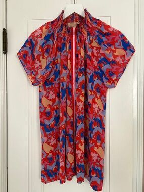 Rungolee Brooklyn Multicolor Smocked Neck Short Sleeve Silk Tunic Top with belt